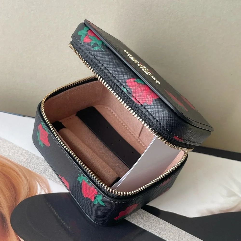 (new+tag) Kate Spade chic black jewelry box with vibrant red floral design